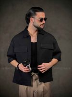 کت کتان مردانه باکسی زیپی استین سه ربع بالاجیبVRمشکی 2
