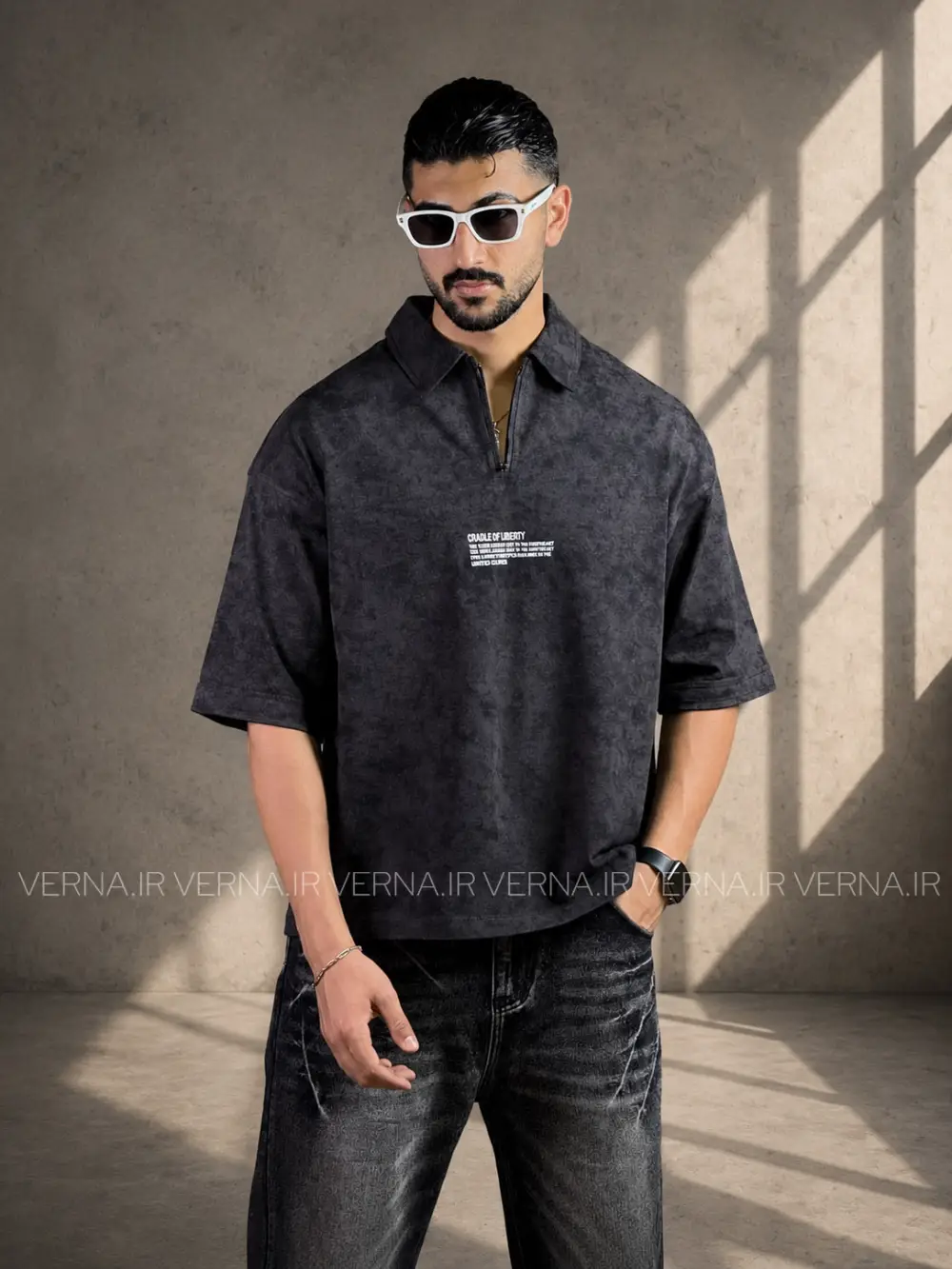 تیشرت نیم زیپ مردانه باکسی سنگشور VR-LIBERTYمشکی2