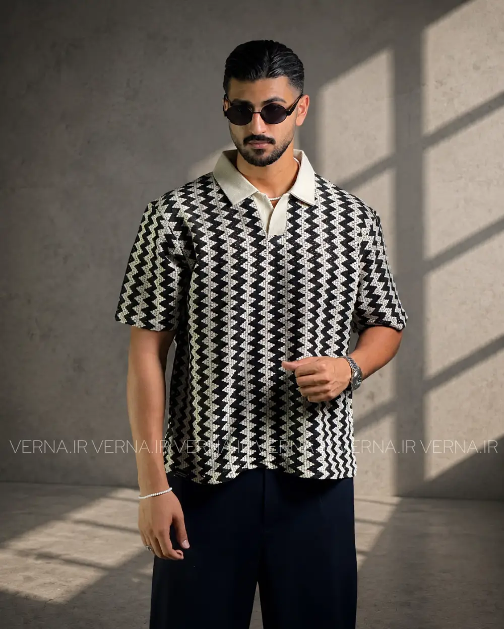 4-5-1405--shirts-88 فیت شرت مردانه یقه دار طرح زیگزاگ ZARAمشکی3