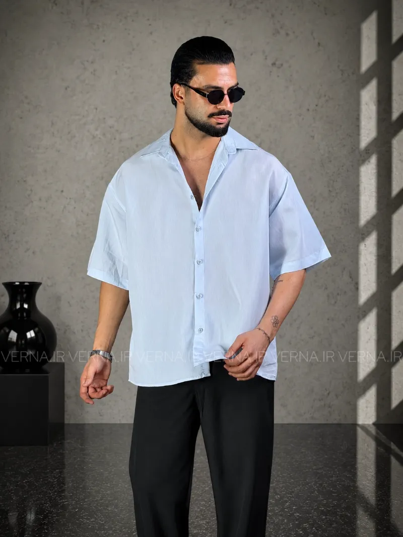 پیراهن مردانه راه راه ریز RESPIREابی روشن2