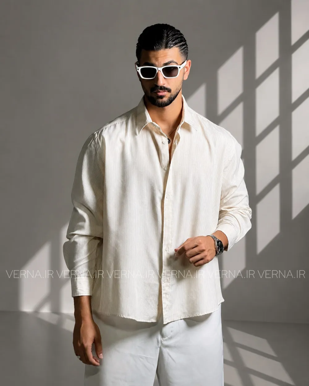 1405-05-21 (6)_1 پیراهن تک سایز مردانه راه راه ریز VAMOSکرم2