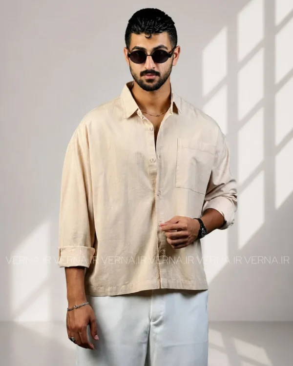 پیراهن مردانه تک سایز لینن بلند تک جیب ZARA کرم 1