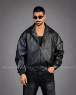 کاپشن چرم مردانه باکسی پایین کش ZARA مشکی 1