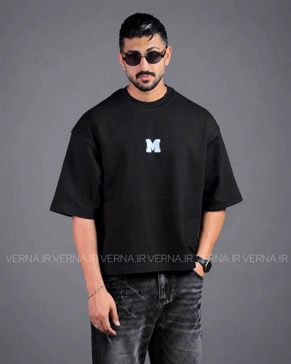 تیشرت مردانه باکسی دو پوسته VR-M مشکی 1