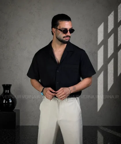 پیراهن کجرا مردانه یقه انگلیسی تک جیب RR1300مشکی1